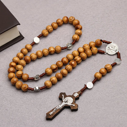 Catholic Wood Beaded Rosary Necklace - INRI Crucifix Cross Pendant Long Chain, Religious Prayer Jewelry for Men & Women