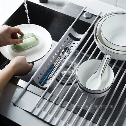 Roll Up Dish Drying Rack: 304 Stainless, Foldable Sink Shelf, Kitchen Storage Organizer for Bowls and Plates