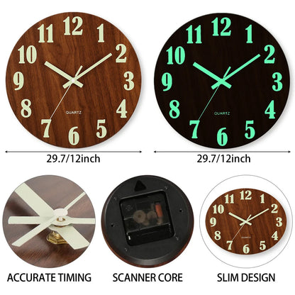 Nordic Fashion 12 Inch Luminous Wall Clock: Silent Wood Design, Non-Ticking with Night Light - Perfect for Dark Night Ambiance