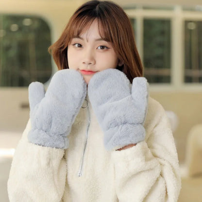 Women's Cute Plush Fluffy Winter Gloves - Soft, Solid, Thickened Mittens for Warmth and Windproof Cold Protection