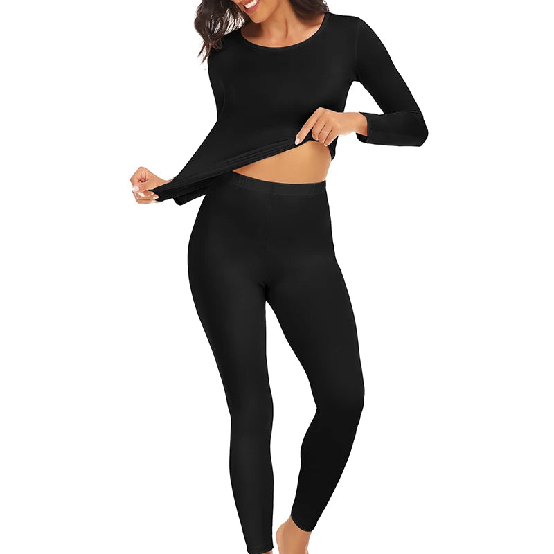 Women's Long John Thermal Underwear Set - 2 Piece Seamless Warm Pajamas with Top and Leggings for Autumn Winter