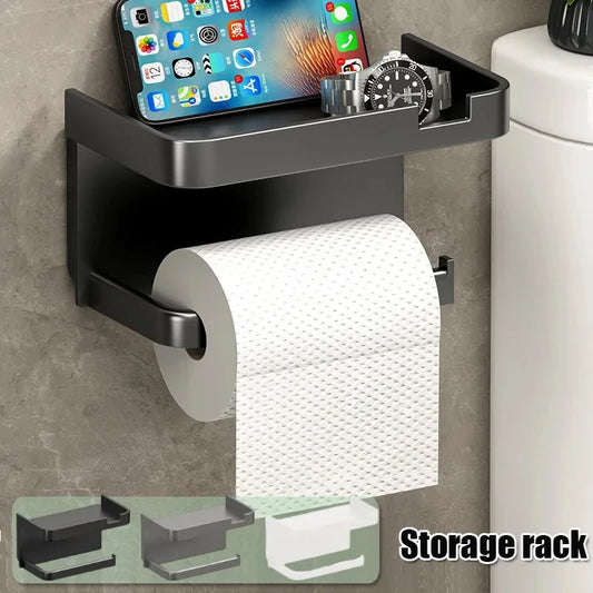 Bathroom Wall-Mounted Toilet Paper Holder with Storage Rack: Organizer for Seasoning Bottles, Kitchen Towels, and Phone