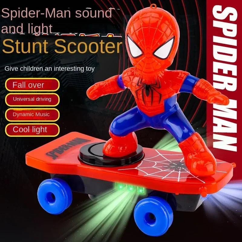 New Spiderman Automatic Flip Rotation Skateboard – Electric Music Stunt Car Toy with Acousto-Optic Lights | Christmas Anime Gift