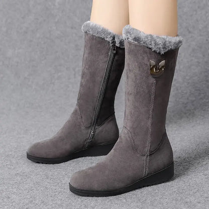 2022 Women's Warm Chelsea High Fur Boots - Chunky Mid-Calf Plush Snow Boots with Zip, Fashion Winter Flat Botas De Mujer