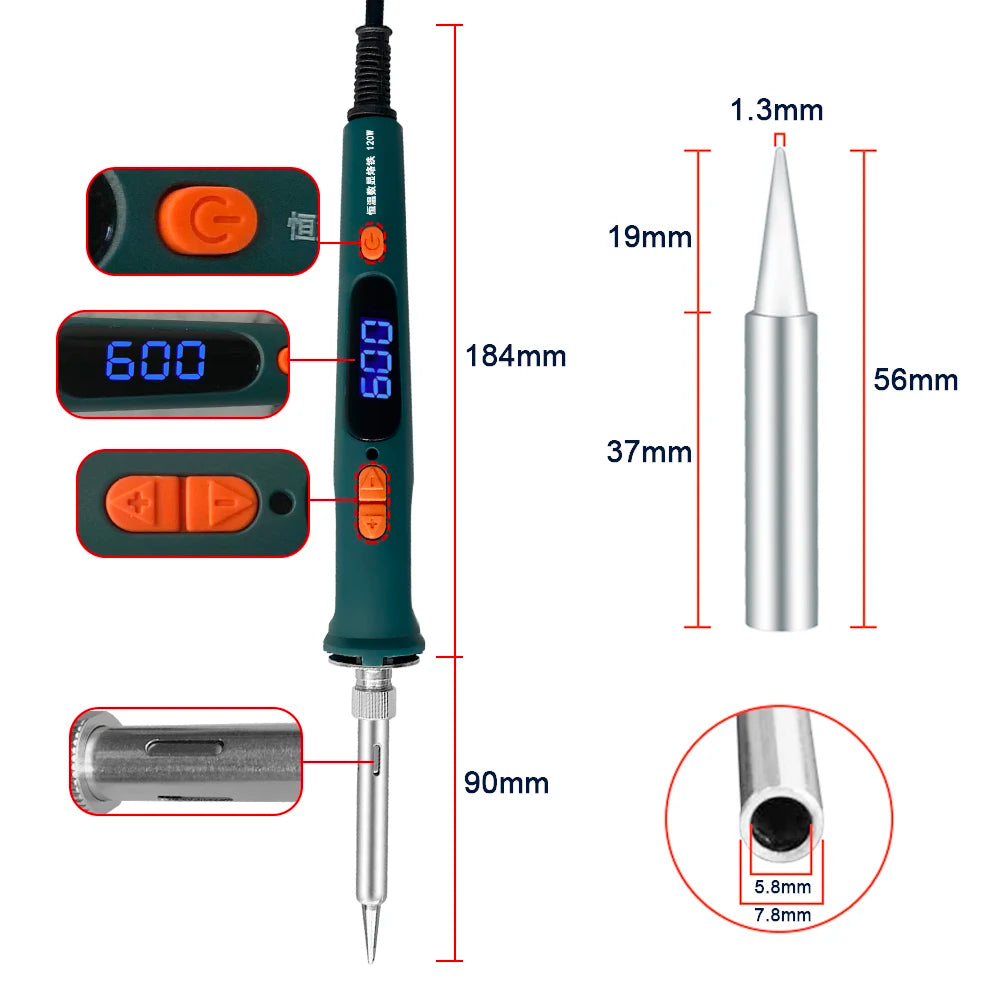 120W Digital Soldering Iron Kit - Electric Soldering Tool Set with Dual Calibration Temperature (200-600°C), Model 907S