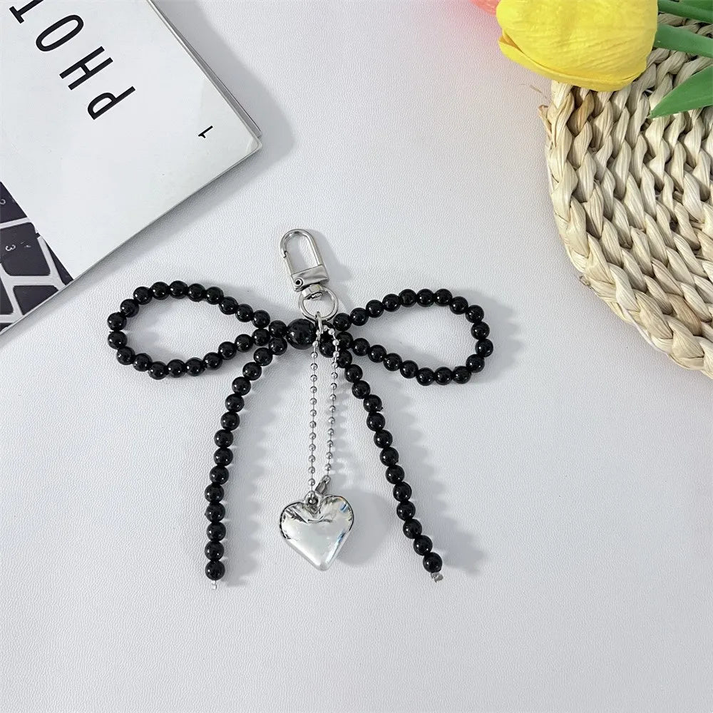 ZAKOL Delicate Beaded Key Chain - White Pearl Bow Keychain for Bags and Phones, Korean Fashion Accessory