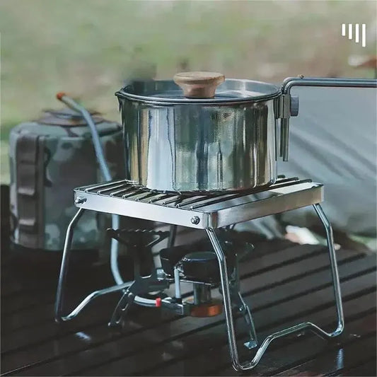 Stainless Steel Outdoor Stove Holder - Portable Folding Mini Barbecue Rack Set with Pot Holder & Baking Tray Holder - Ideal for Camping