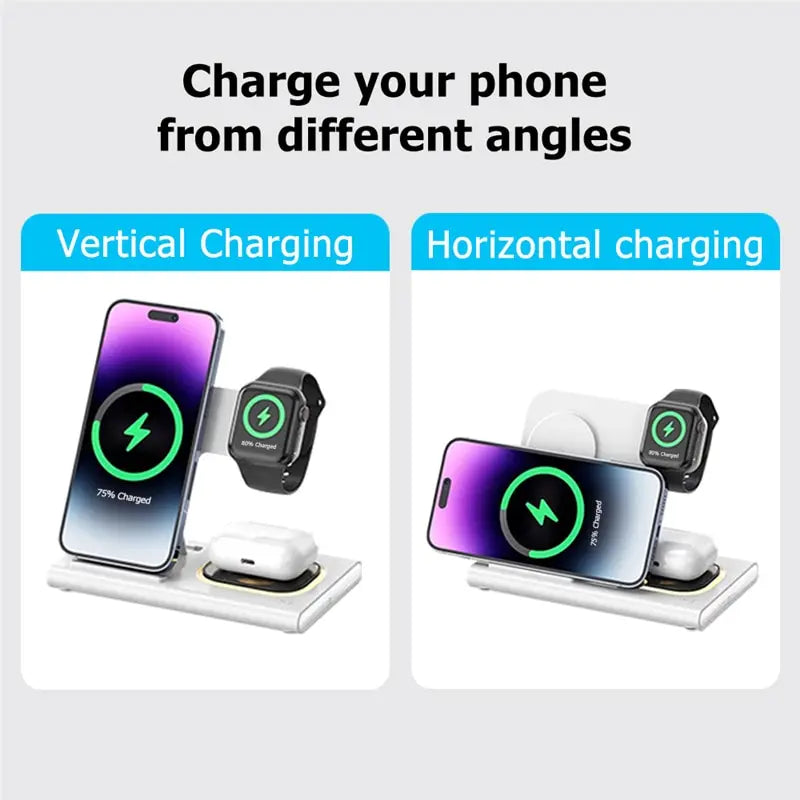 3 in 1 Wireless Charger Stand - Fast Charging Dock for iPhone 15/14/13/12, Samsung S23/S22, Galaxy Watch 5/4, Active, and Buds