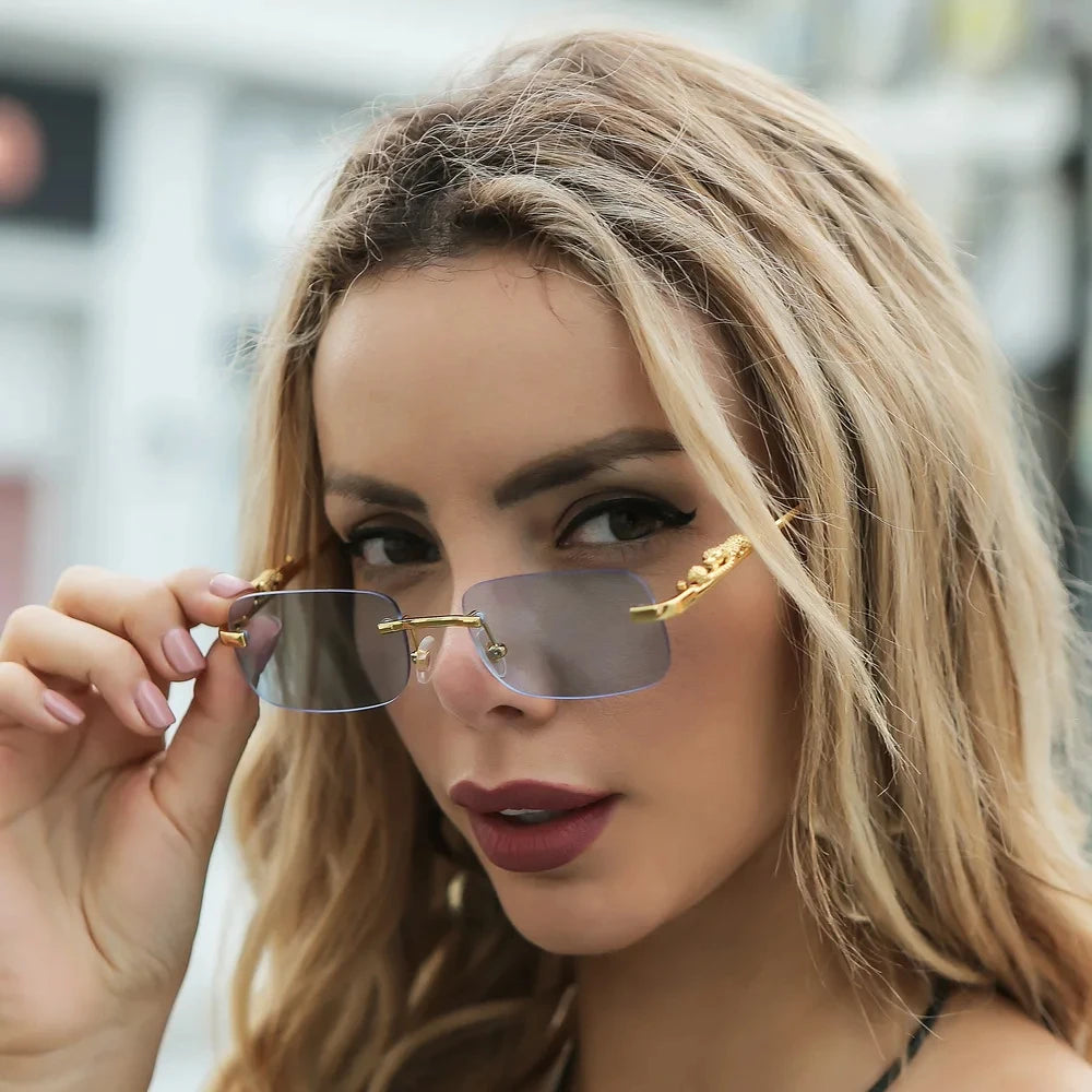 New Rimless Rectangle Sunglasses – Vintage Metal Leopard Head Design, Frameless Tinted Glasses for Women and Men