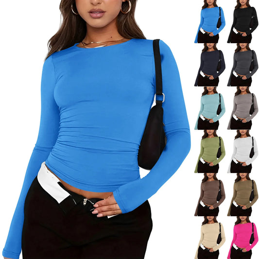 Women's Long Sleeve T-Shirt - 2024 Fashion Solid Color Round Neck Top, Dressy Blouse for Women