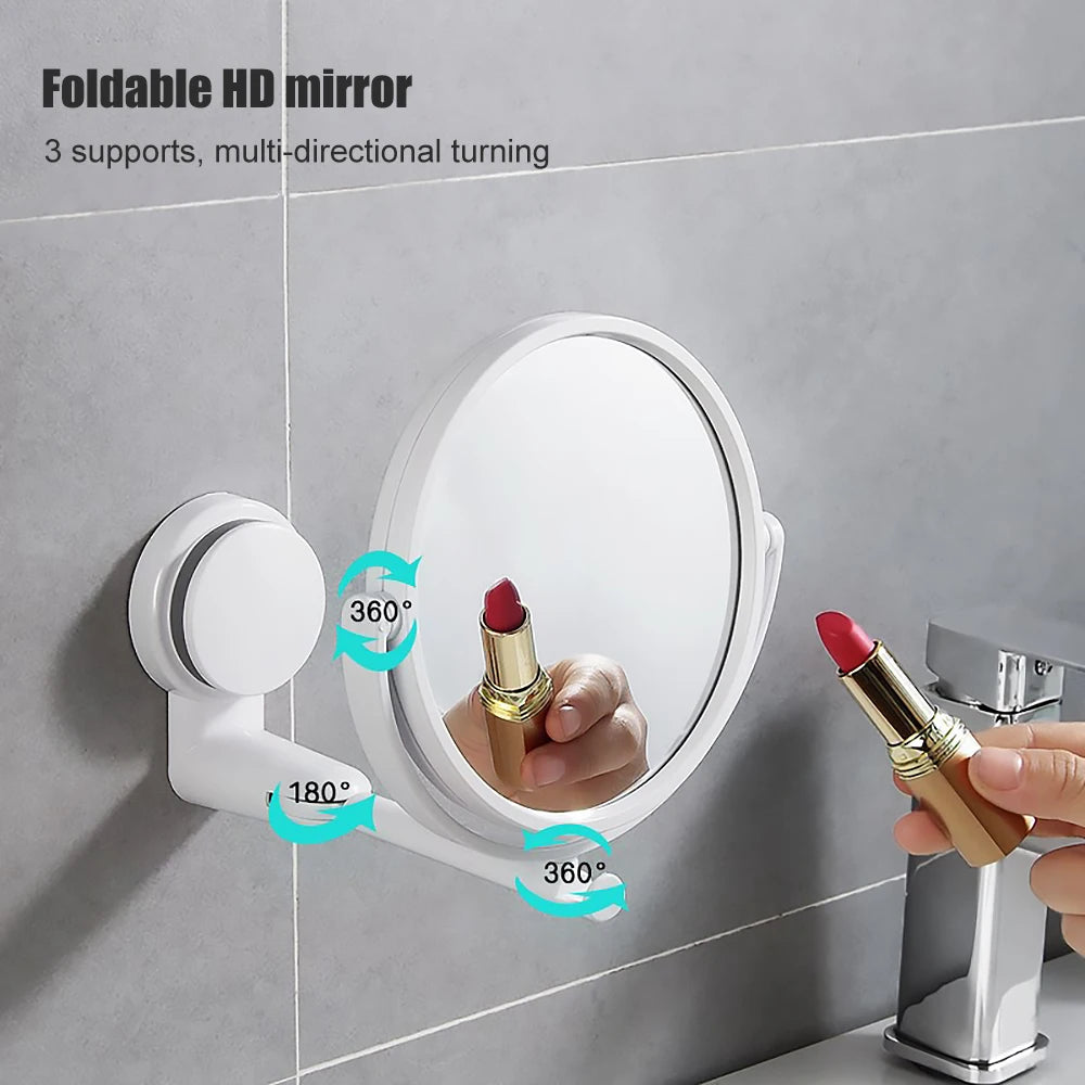 Folding Arm Extendable Wall Mirror: Swivel Bathroom Mirror without Drill, Double-Sided Cosmetic Makeup Mirror with Suction Arm