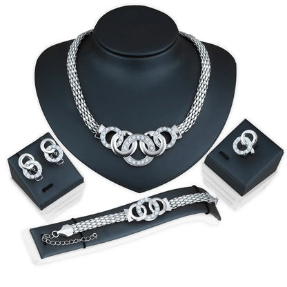 European and American Fashion Five-Ring Jewelry Set - Retro Bride Necklace, Earrings, Bracelet, and Ring Gift Set