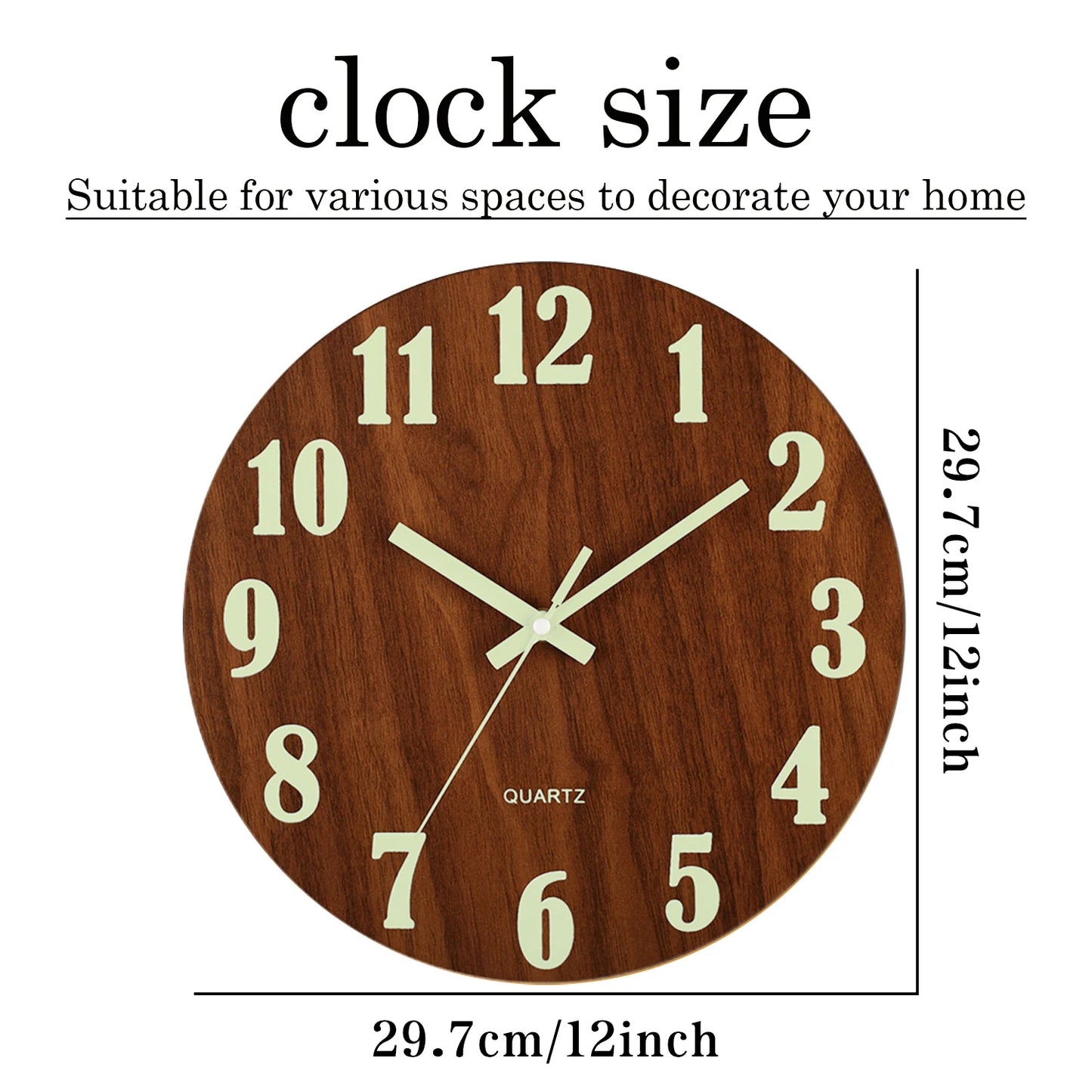 Nordic Fashion 12 Inch Luminous Wall Clock: Silent Wood Design, Non-Ticking with Night Light - Perfect for Dark Night Ambiance