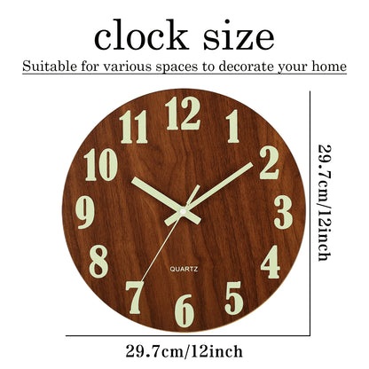 Nordic Fashion 12 Inch Luminous Wall Clock: Silent Wood Design, Non-Ticking with Night Light - Perfect for Dark Night Ambiance