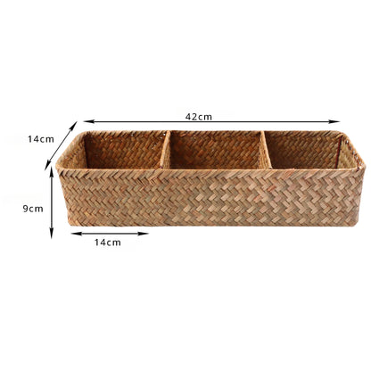 Hand Woven Storage Baskets with Lid - Rectangular Dust-Proof Clothing Storage Box, 3-Grid Wardrobe Container for Sundries Organizer