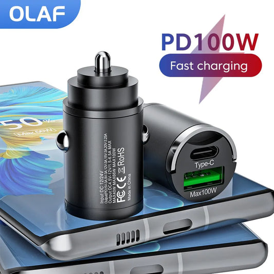 Olaf Mini 100W PD QC Fast Charging Car Charger - USB C Adapter for iPhone 13/12, Xiaomi, Samsung & Huawei - Pull Ring Design