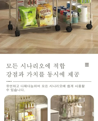 Acrylic Rolling Cart with Hanging Basket - Multi-Layer Transparent Bathroom, Makeup, and Snack Organizer, Movable Storage Rack