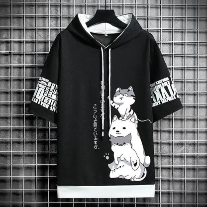 Harajuku Streetwear Hooded Top: Japan Fashion Men's Hoodies - Cartoon Casual Print, Short Sleeve Sweatshirts for Summer Style