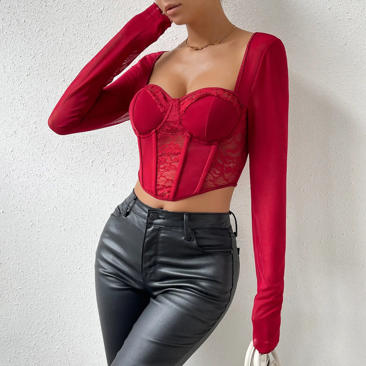 Autumn Elegance: Vemina Sexy V Neck Long Sleeve Mesh Crop Top - Black Lace Embroidery Hollow Out Slim Blouse for Women