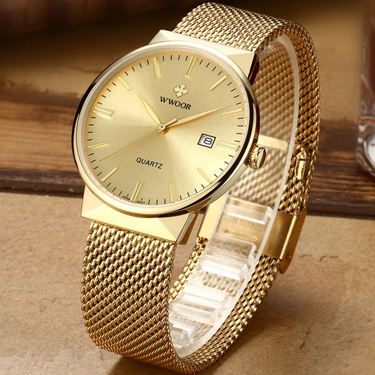 WWOOR Men’s Slim Watch – Luxury Brand Gold Steel Mesh, Ultra-Thin, Waterproof Date Wrist Watch, Golden Clock with Box