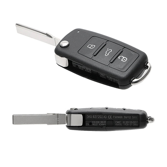 VW Car Key Shell Replacement - Remote Flip 3 Buttons for Beetle, Caddy, Eos, Golf, Jetta, Polo, Scirocco, Tiguan, Touran, UP