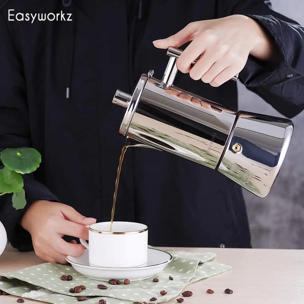 Diego Stainless Steel Stovetop Espresso Maker - 4 Cup Italian Coffee Machine (6.8 oz) - Induction Moka Pot by Easyworkz