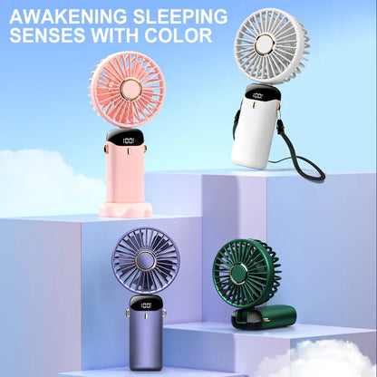 USB Handheld Mini Fan - Foldable, Portable Neck-Hanging Fans with 5 Speeds, Phone Stand, and Display Screen - USB Rechargeable