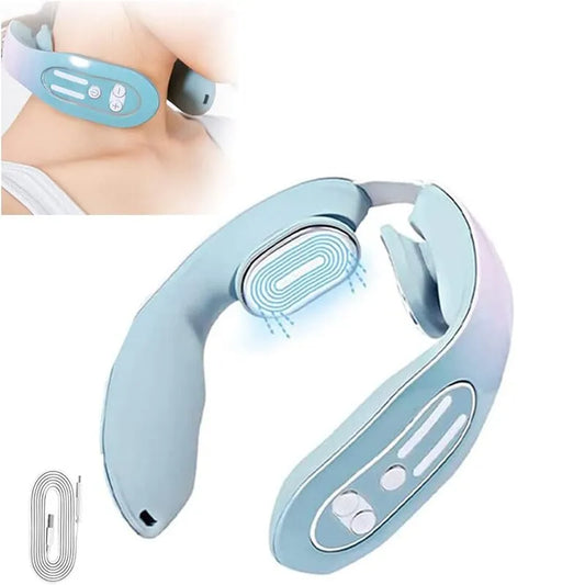 Blue Hot Compress Neck Massager - Cervical Massage Instrument with Micro Current Pulse Vibration - Kneading and Neck Physical Therapy