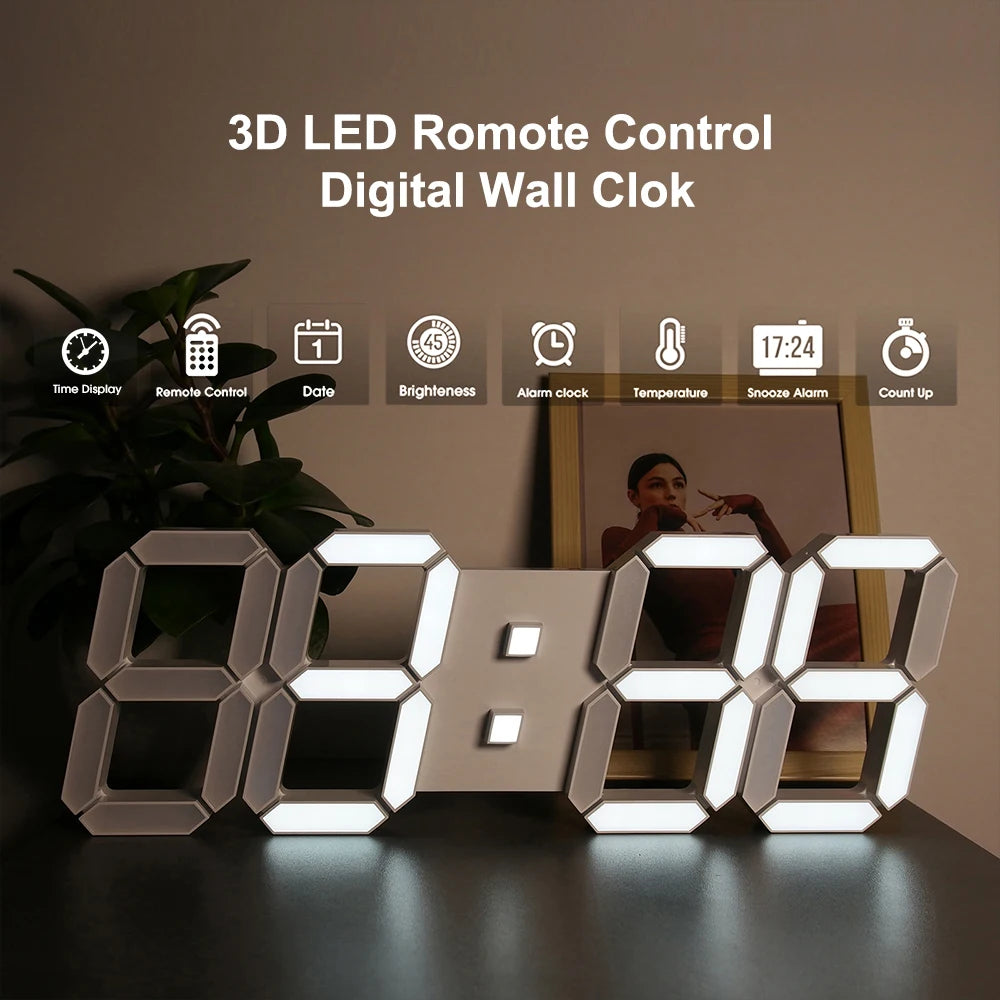 3D LED Wall Clock – Large Digital Display with Remote Control, Alarm, Time/Date/Temperature, Wall and Table Mount, Modern Design