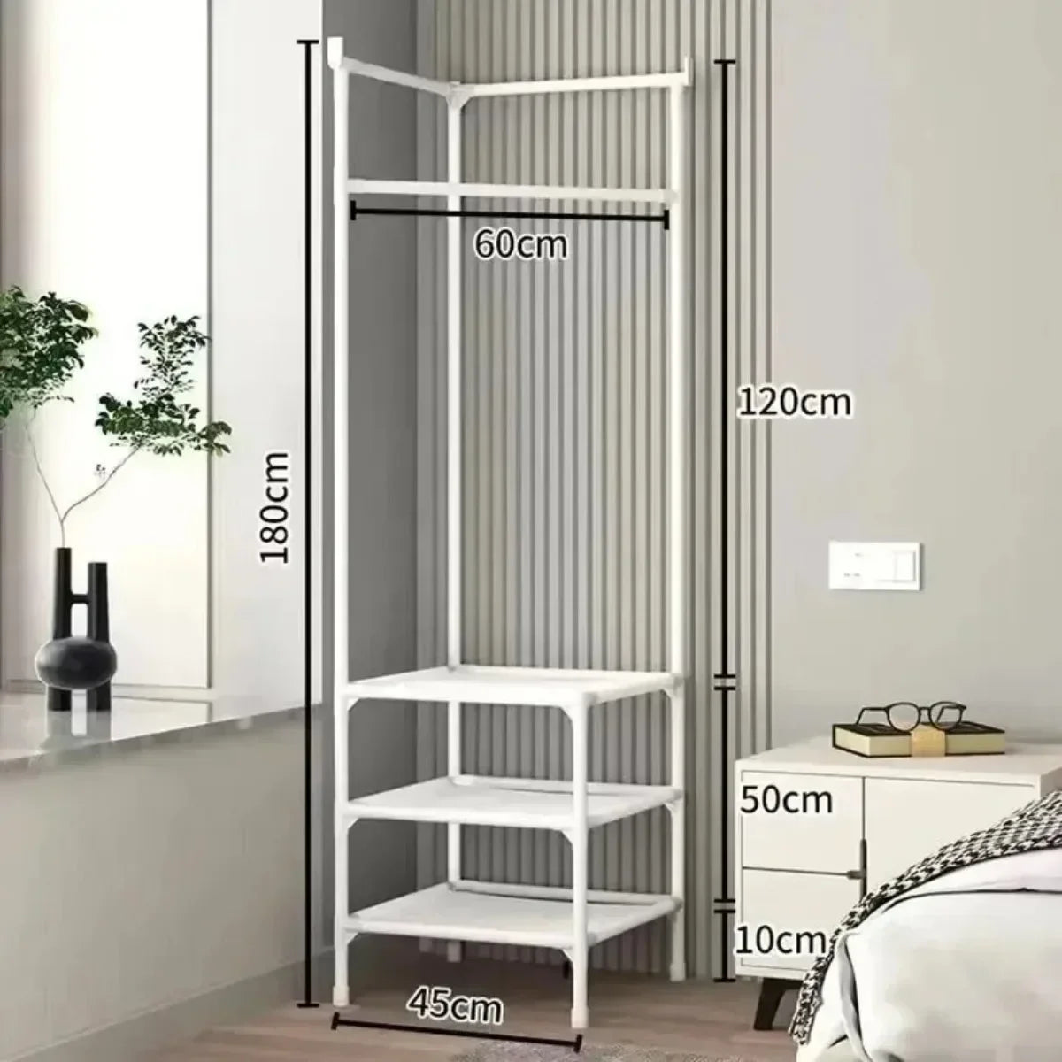 2 in 1 Corner Clothes Rack and Nightstand Organizer – Coat Stand, Storage Shelf, Bedroom Clothing Rack