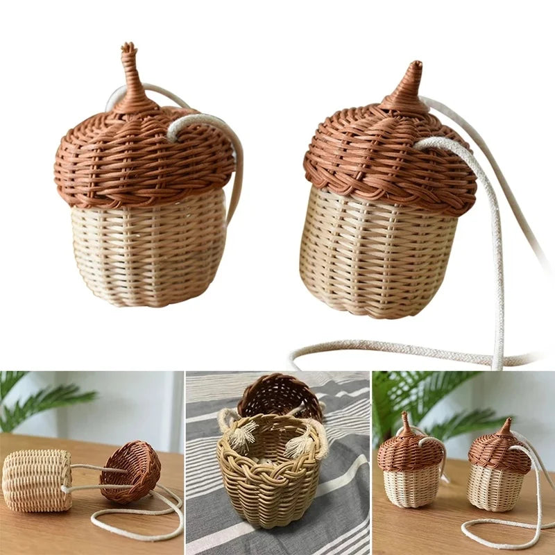 New Acorn-shaped Storage Basket: Hand-woven Round Rattan Bag, Tropical Beach Style Shoulder Bag - Ideal for Photo Props