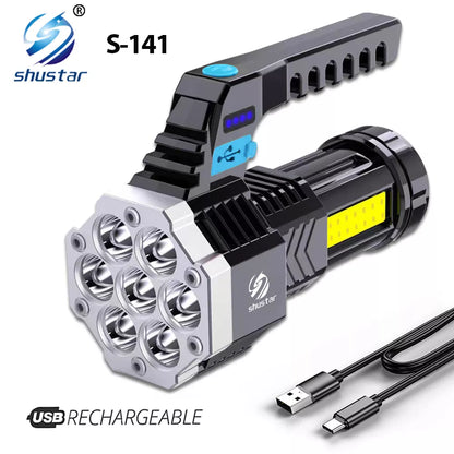 Rechargeable High-Power LED Flashlight with COB Side Light - Lightweight Outdoor Torch