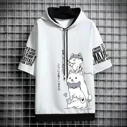 Harajuku Streetwear Hooded Top: Japan Fashion Men's Hoodies - Cartoon Casual Print, Short Sleeve Sweatshirts for Summer Style