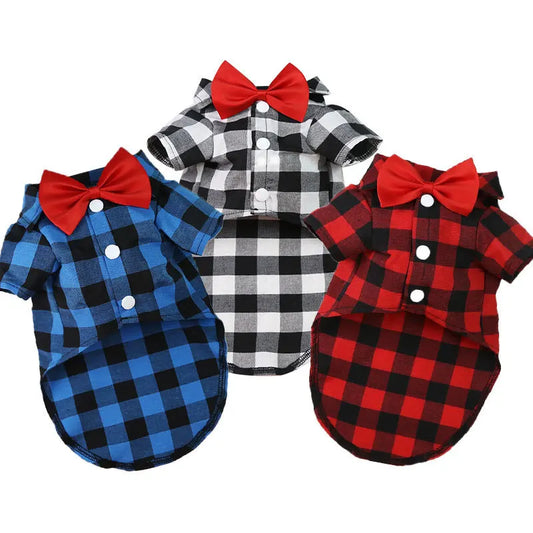 Bowtie Dog T-Shirts – Classical Plaid Thin Breathable Summer Clothes for Small to Large Dogs, Puppy Pet Cat Vest for Chihuahuas, Yorkies