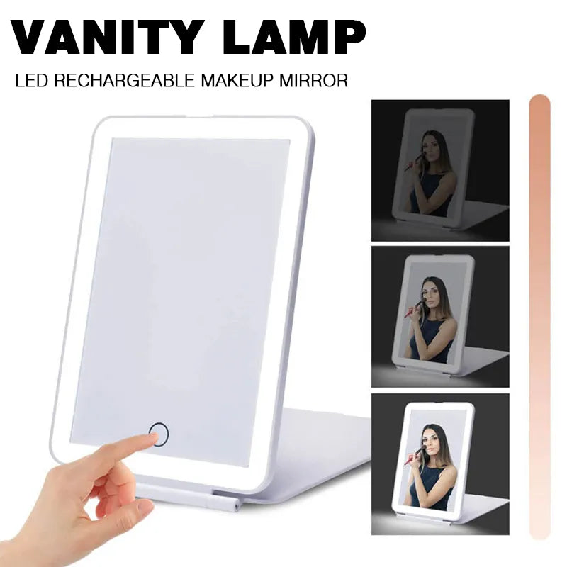 Portable LED Vanity Lamp Makeup Mirror: Folding Touch Screen Cosmetic Mirror with USB Rechargeable LED Lamp - Foldable and Lighted Design