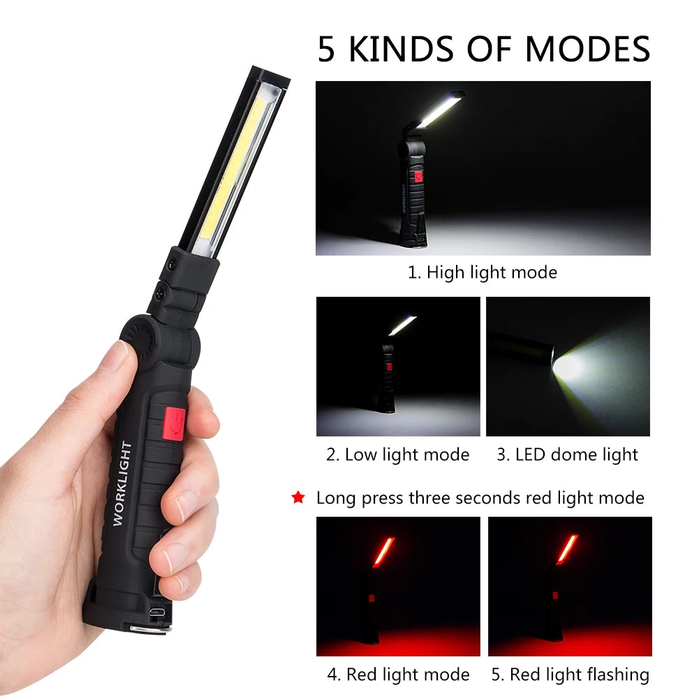 Portable COB LED Flashlight: USB Rechargeable Work Light with Magnetic Lanterna - Built-in Battery for Camping Torch