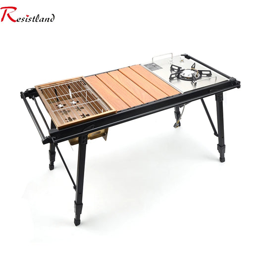 Removable IGT Wood Table Gas Stove | Camping Folding Portable Lightweight Camp BBQ Grill Table | Outdoor Picnic Fishing Table