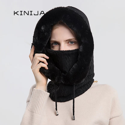 Winter Fur Cap and Mask Set for Women - Hooded Knitted Cashmere Balaclava with Plush Beanies, Windproof and Neck Warm