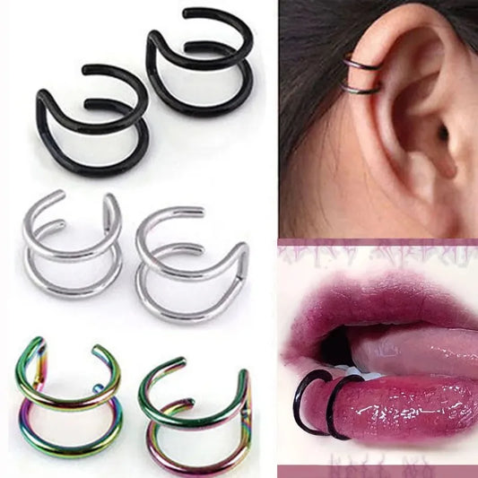 2Pcs 316L Stainless Steel Fake Piercing Jewelry: Clip-on Ear Cuffs & Labret Rings - Non-Piercing Accessories for Women and Men