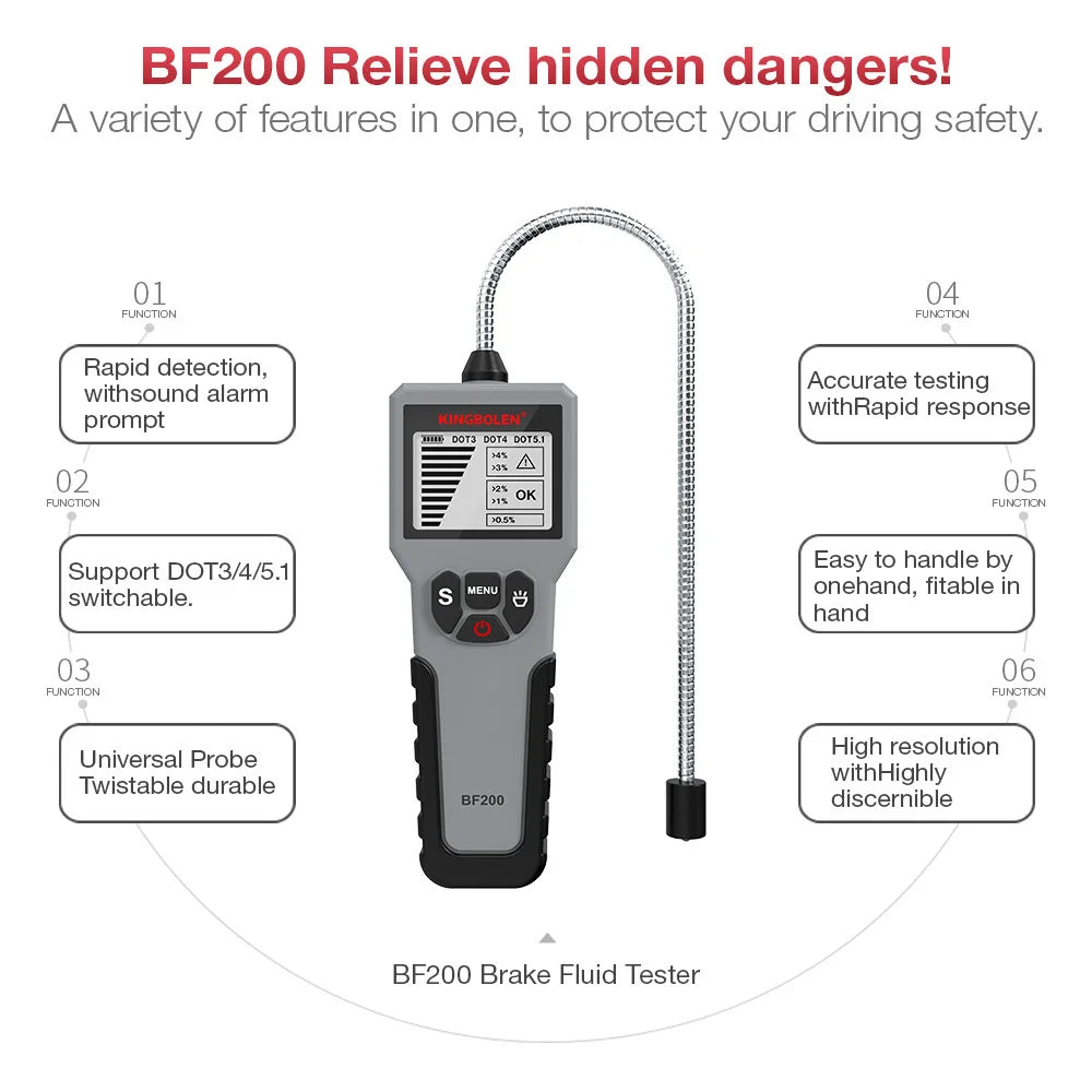 Digital Auto Brake Fluid Tester - BF200 DOT3, DOT4, DOT5.1 with LED Indicator for Car Brake Oil Check, Replaces BF100