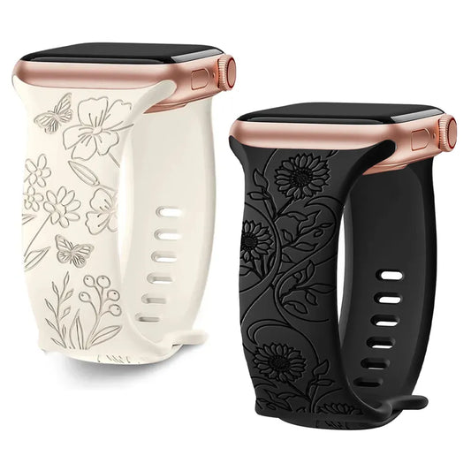 Floral Engraved Strap for Apple Watch Band - 44mm, 42mm, 41mm, 40mm, 45mm, 49mm - Correa Bracelet for iWatch Series 9, 7, SE, 6, 8, Ultra 2