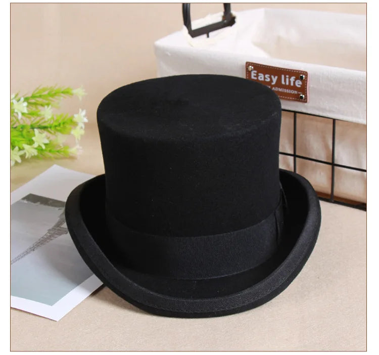 2024 Wool Flat Top Fedora Hat - Elegant Unisex Fashion Cap with Strap, Versatile Panama and Magician Gentleman Cylinder for Steampunk Style