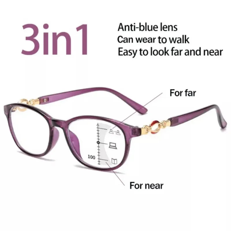 New 3-in-1 Progressive Multifocal Reading Glasses for Women - Anti-Blue Eyeglasses - Easy Far and Near Vision Correction from +1.0 to +4.0