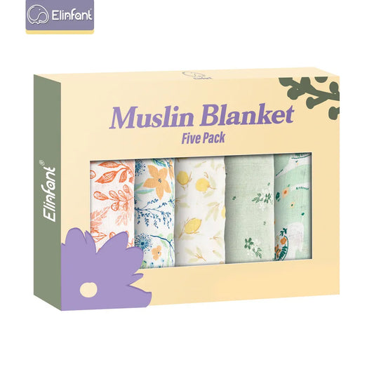 Elinfant 5-Piece Gift Set: Bamboo Cotton Muslin Bibs & Burp Cloths - 100% Cotton, 60x60cm, 2 Layers, Baby Scarf Handkerchief