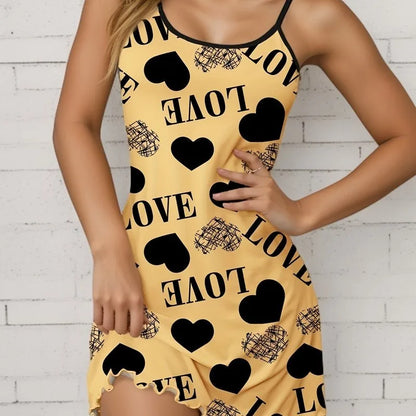 Casual Heart and  Letter Print Nightdress - Lettuce Trim Sexy Slip Short Nightdress, Women's Sleepwear and Dresses