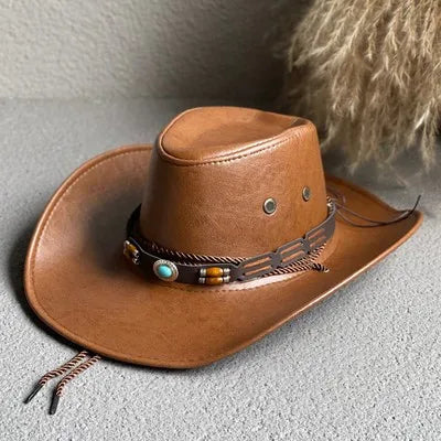 Faux Leather Western Cowboy Hat for Men and Women - Vintage Gentleman Panama Cowgirl Jazz Cap, Sombrero Hombre