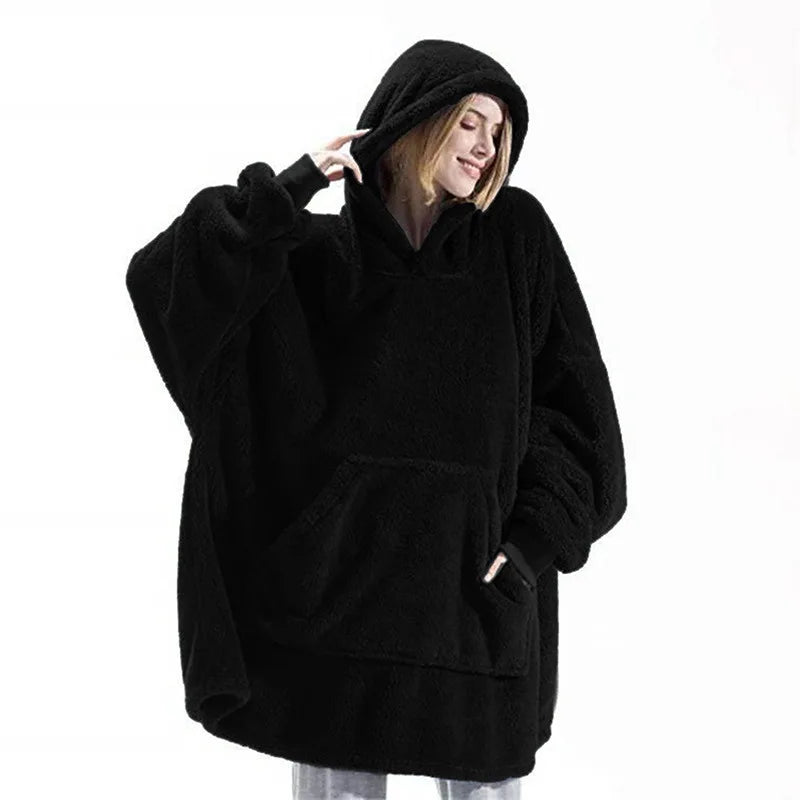 2024 Double-Faced Fleece Hoodie Blanket for Couples - Oversized, Warm Winter Robe with Large Pocket for Women and Men