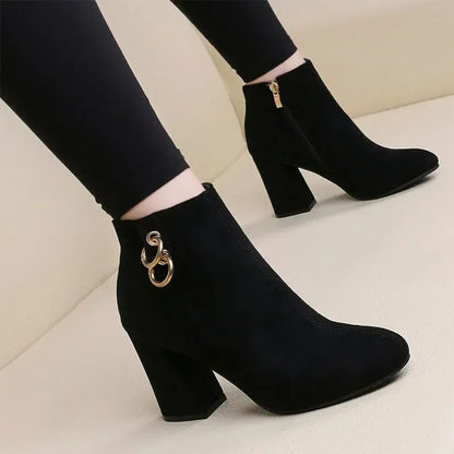 Retro Plush Warm Ankle Boots for Women - Vintage Block Heel High Heels with Zipper, Autumn Winter Footwear in Big Sizes 43