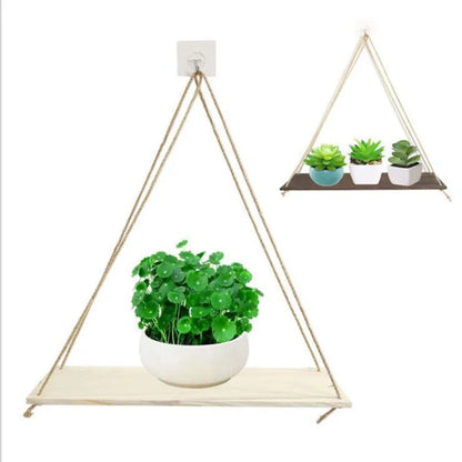 Hanging Rope Flower Pot Storage Rack – Wooden Wall Decoration for Home and Garden