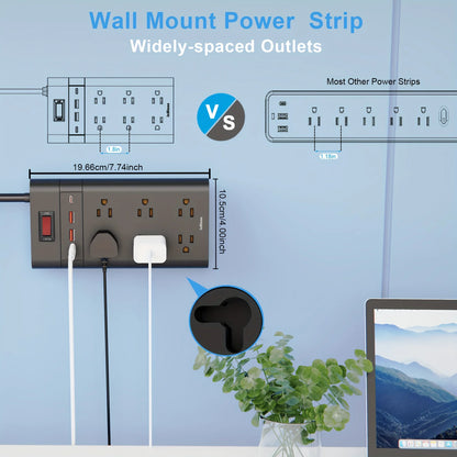 Wall-Mounted Surge Protector Power Strip: 4 USB Ports (2 USB C, 2 USB A) with Flat Plug Extension Cord